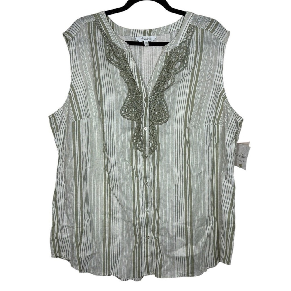 NEW Coral Bay Linen Blend Green Striped Lace Trim Blouse Size 2X Button Front